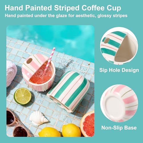 Ceramic Coffee Mug with Sip Hole 10oz Aesthetic Espresso Cup with Hand Painted Striped Coffee Mug for Kitchen Dining Travel (Pink&Green, 2Pack) - Image 3
