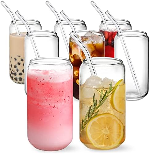 NETANY [ 8pcs Set ] Drinking Glasses with Glass Straw - 16oz Glass Cups, Beer Glasses, Iced Coffee Glasses, Cute Tumbler Cup, Ideal for Whiskey, Soda, Tea, Water, Gift - 2 Cleaning Brushes by NETANY