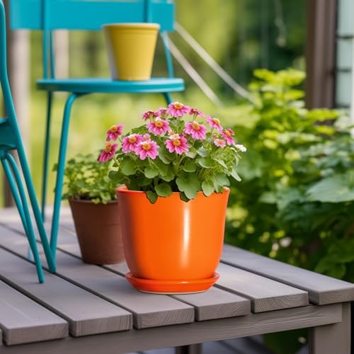 5.6 Inch Plant Pot - Ceramic Pots for Plants Indoor Outdoor, Succulent Pot with Drainage Hole and Saucer, Round Modern Flower Pots, Garden Home Room Decor, Gifts for Plant Lovers, Orange - Image 4