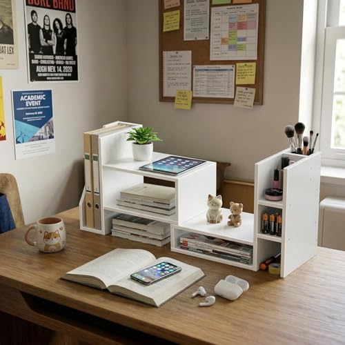 Desktop Shelf Desk Organizer File Holder - Dorm College Desk Bookshelf, Adjustable White Wood Shelving, Small Countertop Bookcase for Office Supplies, Student Study Desk & Home Organization Rack - Image 6