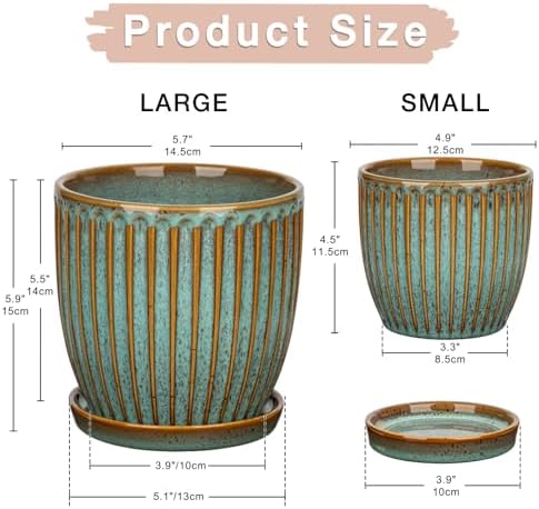 Oairse Ceramic Pots for Indoor Plants, 4.9 + 5.7 Inch Set of 2 Bluish Grey With Drainage Holes and Saucers, Texture Planters for Succulent, Indoor Outdoor Flower - Image 2