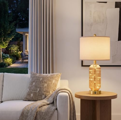 Oneach 24.5" Bedside Table Lamps Set of 2, Amber Glass Lamp with Nightlight - Image 3