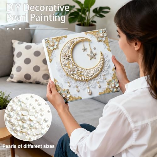 Pearl Art Kits Painting for Adults, DIY Mindfulness Therapy with Framed Canvas and Tools, Beginner Wall Decor-Moon - Image 2