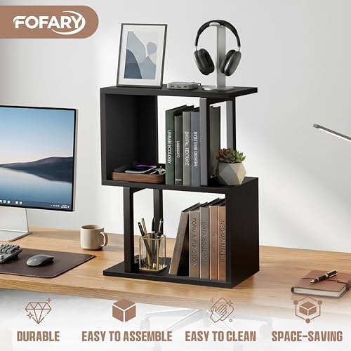 Desk Shelf Organizer, Small Desktop Bookshelf Wood, Black - Image 2