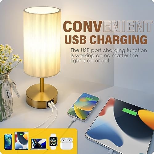 Yarra-Decor Bedside Lamp with USB A+C Charging Ports Set of Two - Touch Control Table for Bedroom Wood 3 Way Dimmable Nightstand Round Pleated Shade Home Office (LED Bulb Included) - Image 3
