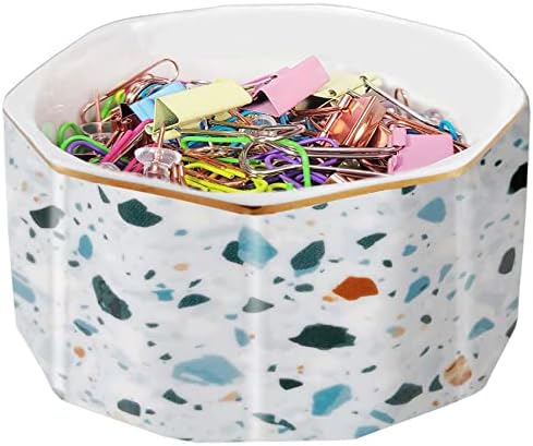 Ceramic Paper Clip Holder Gold Line Paper Clip Dispenser Organizer for Desk Cute Terrazzo Marble Pattern Office Binder Clip Holder Bobby Pin and Hair Clip Holder Gift for Office Blue by LEAZUL