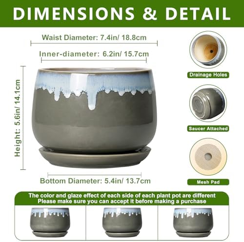 Ceramic Planter, 7 Inch Flower Pots for Indoor Plants, Grey-Blue - Image 2
