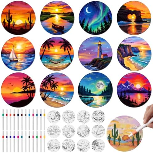 Potchen 12 Pcs Color Your Own Coaster DIY Kits,Artistic Landscape by Potchen