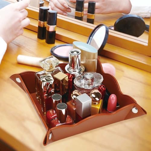Valet Tray for Men Women - PU Leather Travel Catchall Tray Organizer - Desk Bedside Nightstand Storage Box for Jewelry Key Phone Remote Controller Wallet Watch Glasses Coin Readers -Brown - Image 3