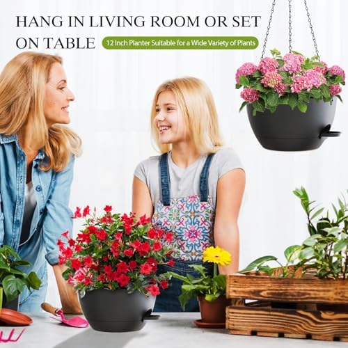 12 Inch Hanging Baskets 2 PC with Chains, Self-Watering Hanging Planters for Indoor Outdoor Plants, Plastic Hanging Flower Pots,Black - Image 6
