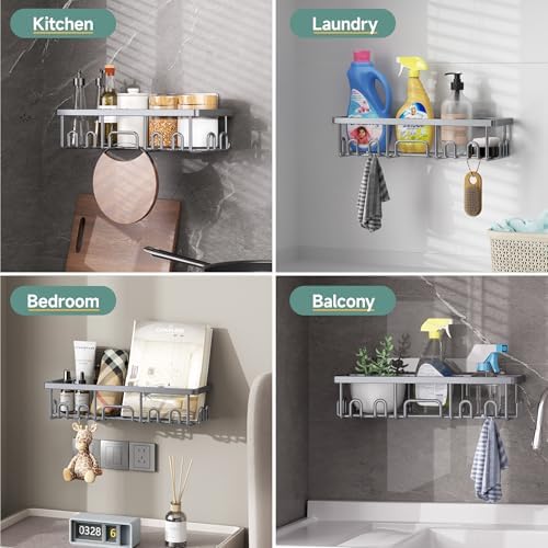 Veken Shower Caddy 6-Pack, No Drilling & Rustproof, Waterproof Adhesive Shelves Rack with Soap Holder, Large Capacity Bathroom Organizers and Storage, Wall-Mounted Kitchen & Home Decor, Bright Silver - Image 7