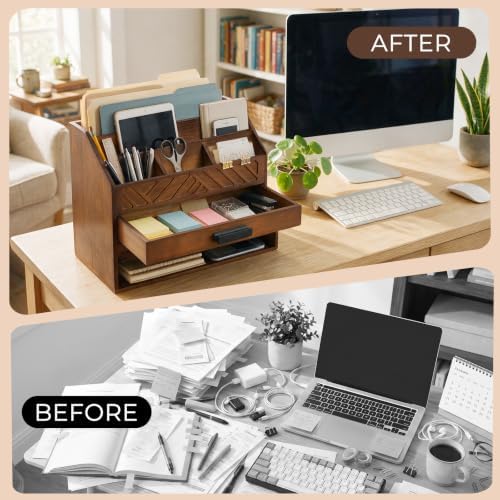 Wooden Desk Organizer with 7 Compartments and Drawer, Rustic Desktop Mail Organizer for Desk, Wooden Mail Sorter Organizer with Deep Pockets, File Holder and Sturdy Black Handle for Home Office-Brown - Image 4