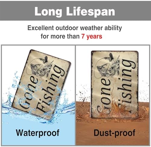 Tin Signs Gone Fishing Sign Man Cave Rustic Decor Hun G Vintage Wall Art Decorations Dads Plaque Fathers Mancave Gift 8 X 12 Matte Finish Metal - Image 2
