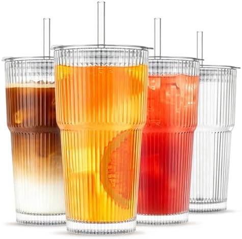 INSETLAN 20 oz Ribbed Glass Tumblers with Lids and Glass Straws – 4-Piece Glassware Set, Thickened Wall, Ideal for Iced Coffee, Smoothies, Cocktails, and Juices – Elegant and Durable Drinkware by INSETLAN