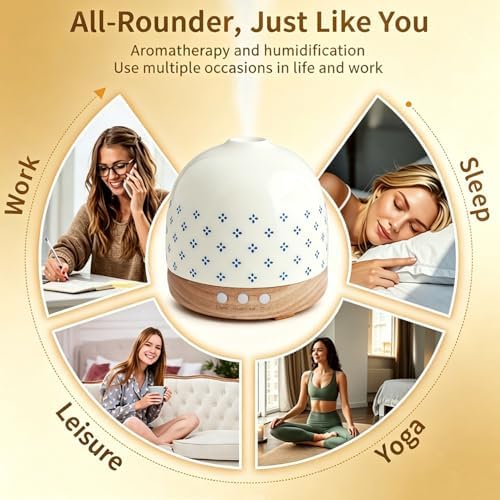 300ml Essential Ceramic Diffuser,Round Aroma Luruxy Porcelain Diffuser Night Light Captivating Exquisite Blue and White Patterned Elegance Nano Water Mist Humidifier - Image 6