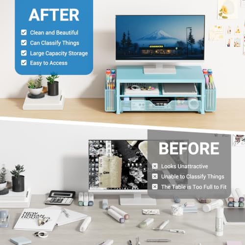 OPNICE Desk Organizers and Accessories, Computer Monitor Stand Riser with Drawer and 2 Pen Holders, Printer & Laptop Stand, Office Desk Accessories & Workspace Organizers for Home Office Supplies, Soft Blue - Image 2