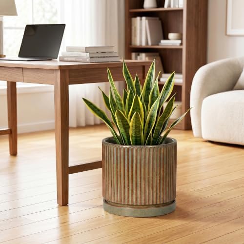 Ceramic Plant Pots, 10 Inch Planter with Tray, Retro Brown - Image 3