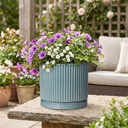 Ceramic Planter 10 Inch, Round Plant Pots with Saucer, Glaze Blue - Image 5