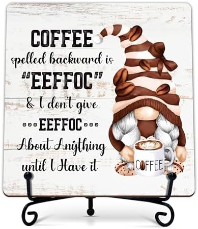 Coffee Bar Sign, Coffee Spelled Backwards Is Eeffoc Funny Wood Sign, Coffee and Tea Lover Gifts, 5x5 Wood Plaque with Iron Stand for Home, Kitchen or Cafe – A09 by Unknown