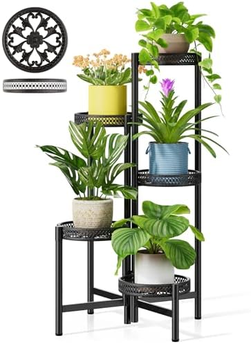 Plant Stand Indoor Outdoor, 5 Tier Corner Metal Flower Display Holder Shelf, Folding Tall Rack for Patio Balcony Porch Garden Living Room House, Heavy Duty Wrought Iron Plant Shelf- BlackWave by Unknown