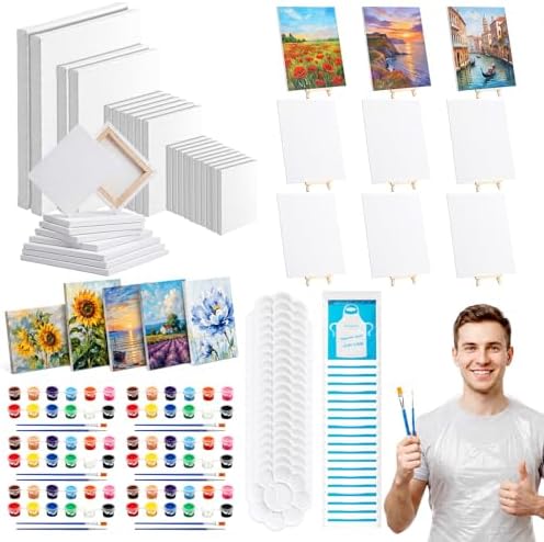 Engrowtic 160 Pcs 20 Set Paint and Sip Kit for Adult Include Blank Mini Canvas Boards Wooden Easels Painting Strips Brushes Palettes Disposable Aprons for Party Paint and Sip Date Night Kits by Engrowtic