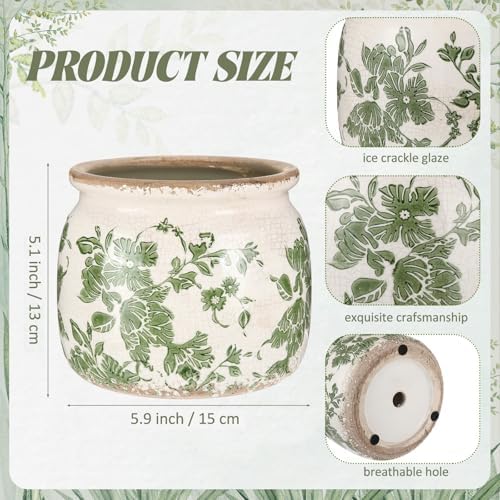 Vintage Planter Large Ceramic Plants Pot Beige Green Floral Pot - Image 2