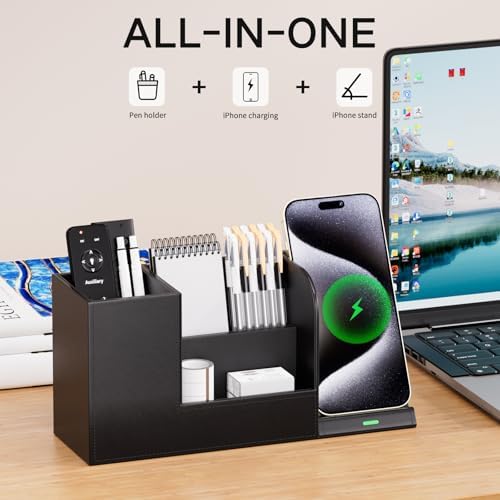 LADSTAG Pen Organizer with Phone Stand,Black Vegan Leather Desk Organizers with Remote Control Holder,Pencil Holder for Desk,Desk Organizer with Phone Charger for Office/Nightstand/Endtable - Image 3