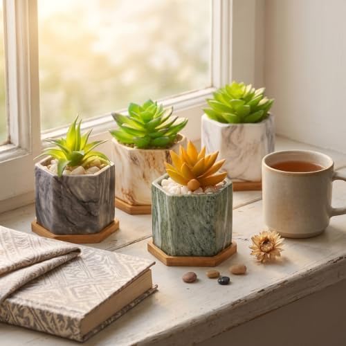 Ziliny Marbling Ceramic Flower Pot Succulent Small Plant Cactus Herbs Planter Ceramic Pot with Drainage Hole Matte Container(4 Pcs,Hexagon Style) - Image 4