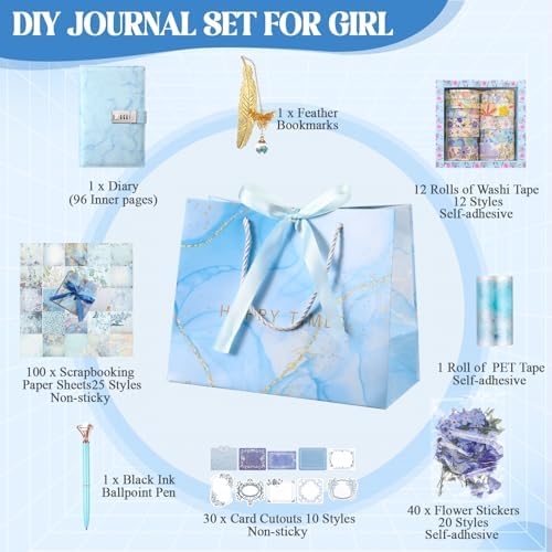 Janlaugh DIY Journal Diary with Lock Pack Scrapbook Kit, Blue, Cute - Image 2