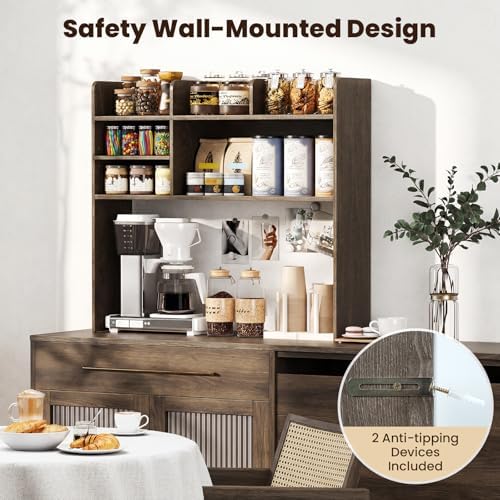 Giantex Desktop Bookshelf, 37" Desk Hutch Dorm for Computer Up to 32 Inch, Countertop Hutch w/6 Storage Shelves, 3-Tier Desktop Organizer Display Rack, Wood Desk Shelf for Home Office (Grey Oak) - Image 5