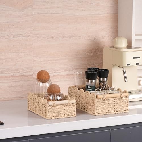 iEGrow Paper Rope Small Storage Baskets for Organizing, Set of 2 Scalloped Edge Wicker Basket with Wooden Handles Toilet Paper Basket for Over Toilet Storage Shelf, Home Decor, Living Room (Beige) - Image 5