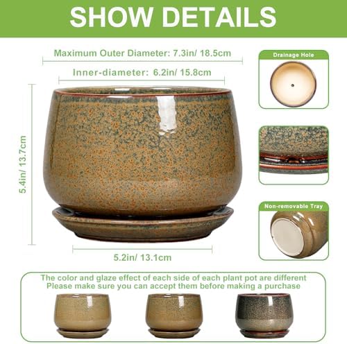 G EPGardening 7 Inch Ceramic Pots for Plants - Ceramic Planters for Indoor Outdoor Plants, Round Plant Pots with Drainage and Saucer, Modern Planter, House Decor, Plant Lover Gifts, Speckled Brown - Image 3