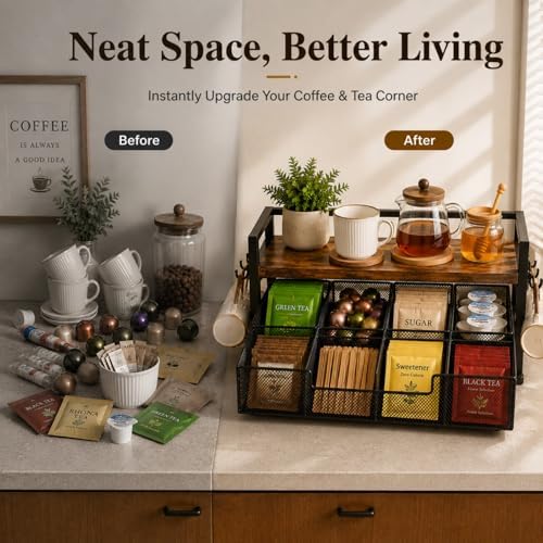 Tea Bag Organizer, Tea Bag Organizer Drawer, Wood Tea Organizers and Storage Chest Teabag Holder with Storage Drawer,Rustic Brown for Countertop Kitchen, Office - Image 4