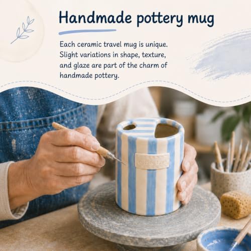 Ceramic Coffee Mug with Sip Hole 12oz, To Go Ceramic Mug Striped - Image 4