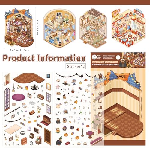 Girls 3D Miniature Scene Stickers, 4 Sets World Travel DIY House Stickers for Museun, Hotel, Magic House, Drive-In Restaurant, Cute 3D Cartoon Sticker Scenes for Adult Kids Relief Stress Pass The Time - Image 3