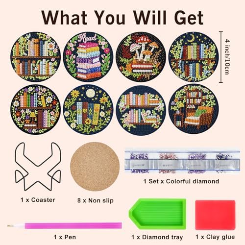 Diamond Art Coasters Kit for Adults, 8PCS Bookshelf Coasters with Holder - Image 3