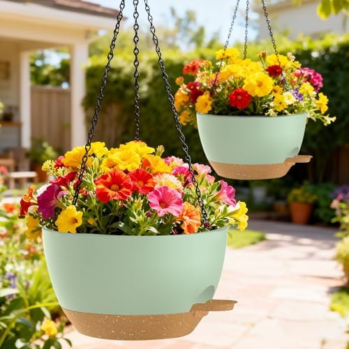 10 Inch Hanging Baskets 2 PC with Chains, Self-Watering Hanging Planters for Indoor Outdoor Plants, Plastic Hanging Flower Pots,Green Brown - Image 7
