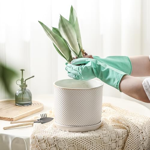 8 Inch Plant Pots: Ceramic Planter with Drainage Hole & Saucer - Flowerpot for Indoor & Outdoor Plants - Beaded Embossed Design White - with Separate Tray - Image 3