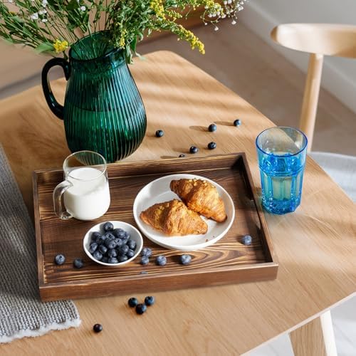 17 Inch Burnt Wood Serving Tray with Handles - Large Wooden Tray for Ottoman, Breakfast in Bed, Dinner, Coffee Table - Decorative Brown Rectangular Tray for Living Room Entryway and Kitchen Decor - Image 6