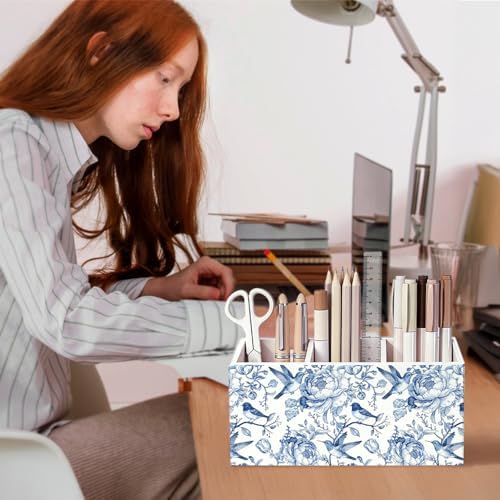 Blue Chinoiserie Bird Floral Pen Pencil Holder for Desk Decor - Image 4
