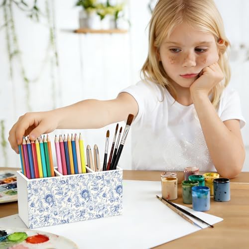 Blue Floral Pen Pencil Holder for Desk Decor - Image 5