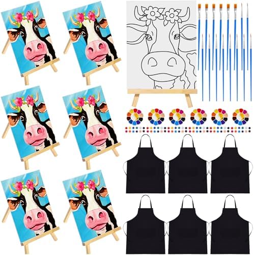 Motipuns 6 Set Pre Drawn Canvas for Painting for Adults Sip and Paint Kit with Easels 8 x 10 Inches Paint Party Kit with Printed Canvas Paints Brushes Palette Apron(Cow) by Motipuns
