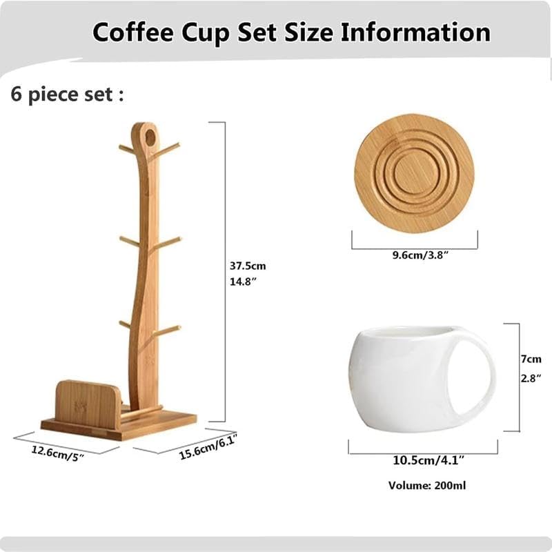 6-Piece Ceramic Coffee Cup & Saucer Set with Bamboo Stand - Image 2