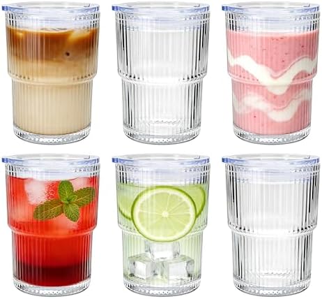 6 Pack 13oz Ripple Drinking Glasses with Lids, Iced Coffee Cup Set by Woaiwo-q