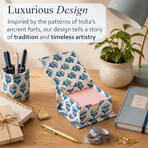 CPC Apatite Blue Block Print Cotton Desk Organizer Sticky Note Holder - Image 5