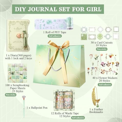 Janlaugh DIY Journal Diary with Lock Pack Scrapbook Kit, Light Green, Fresh - Image 2