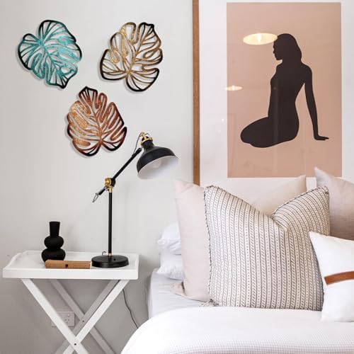 Palm Leaves Wood Wall Decor , 3Pcs Tropical Wall Art Jungle Decor, Wooden Natural Leaves Plant Wall Decor, Vintage Tropical Plant Plaque for Home Living Room Kitchen Bedroom Bathroom & Garden, Blue&Brown - Image 4