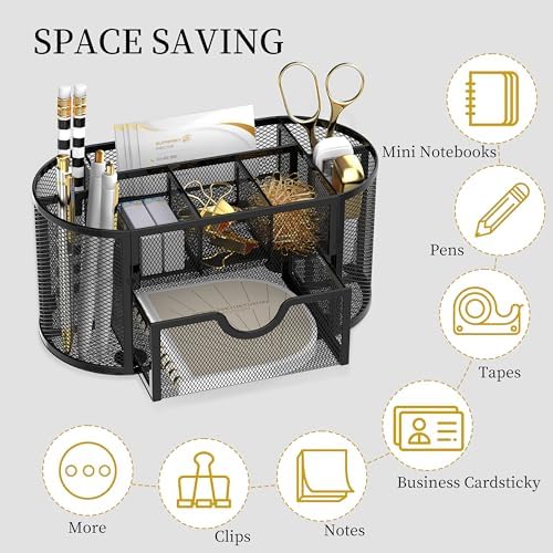 Mesh Desk Organizer with Drawer, 9-Compartment Pen Holder for Desk, Black - Image 4