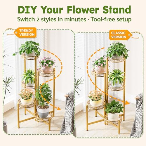 Gold Plant Stand Indoor Outdoor, 5 Tier Corner Flower Display Holder Stand, Folding Tall Plant Rack for Patio Balcony Porch, Heavy Duty Wrought Iron Gold Plant Shelf - GoldFlower - Image 4
