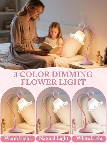 Flower Table Lamp LED Reading Light Vintage Night light (Pink Pearls) - Image 3